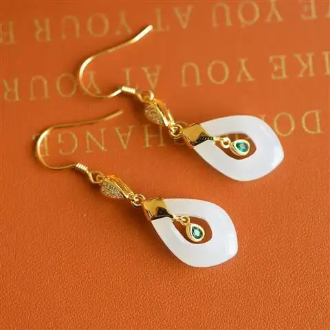 

HML& Natural Hetian white jade hollow pendant earrings Chinese style retro designer craftsmanship charm women's silver jewelry