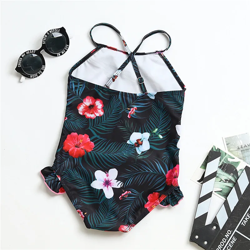 

2021 2PCS Flower Print Kids Baby Girls Swimwear Sleeveless Ruffles Neck Hem Triangle Swimwear Backless Bodysuit With Swim Cap