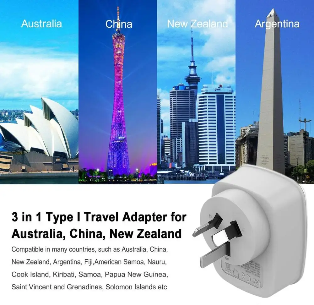 Мини адаптер с 2 портами USB для США в Австралию Китай Новая Зеландия