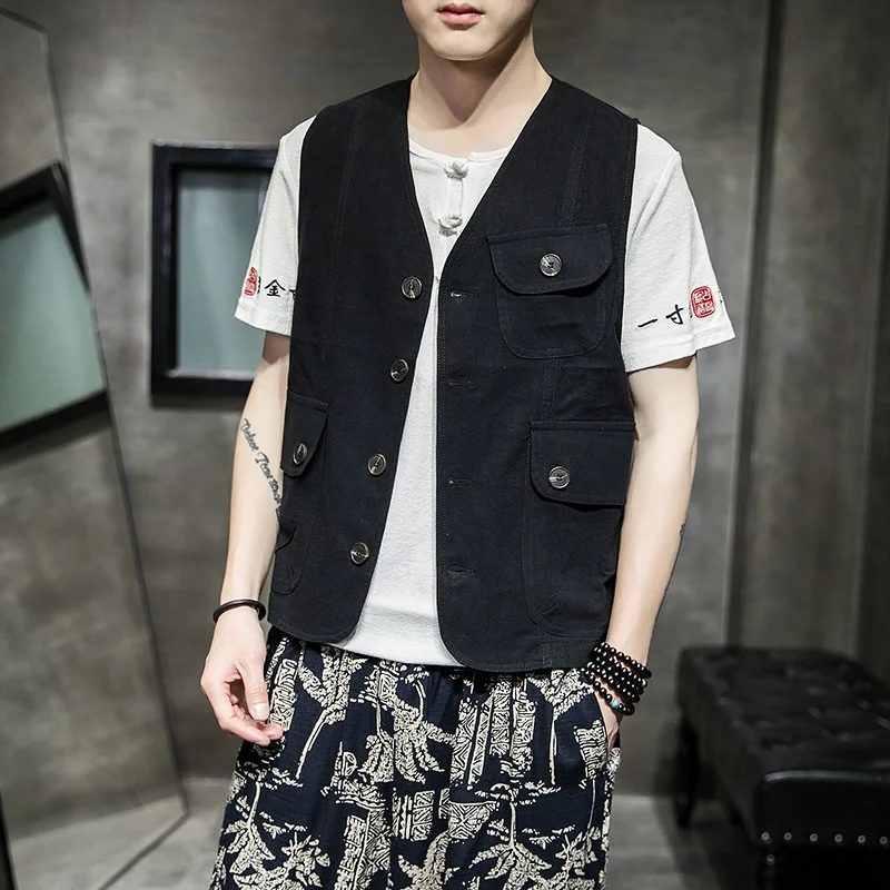 Жилетка мужская оверсайз с V образным вырезом без рукавов|Костюмные жилеты| |