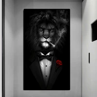 black wild lion in a suit canvas art posters and prints abstract lion smoking a cigar canvas paintings on the wall art pictures