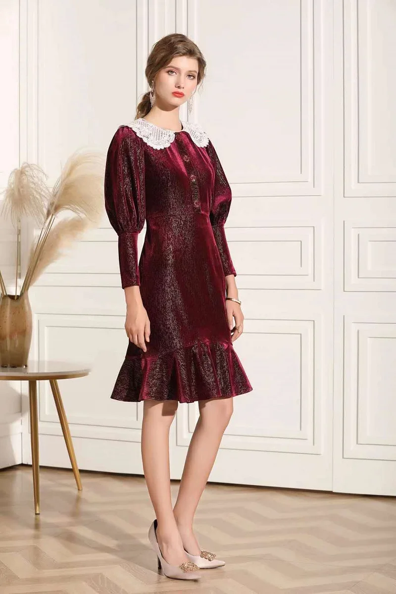 

Vestidos De Fiesta 2020 Autumn Winter Party Event Women White Lace Turn-down Collar Long Sleeve Black Wine Red Sexy Ruffle Dress