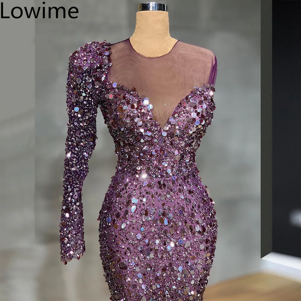 Женское вечернее платье с одним плечом фиолетовое блестящее длинное для