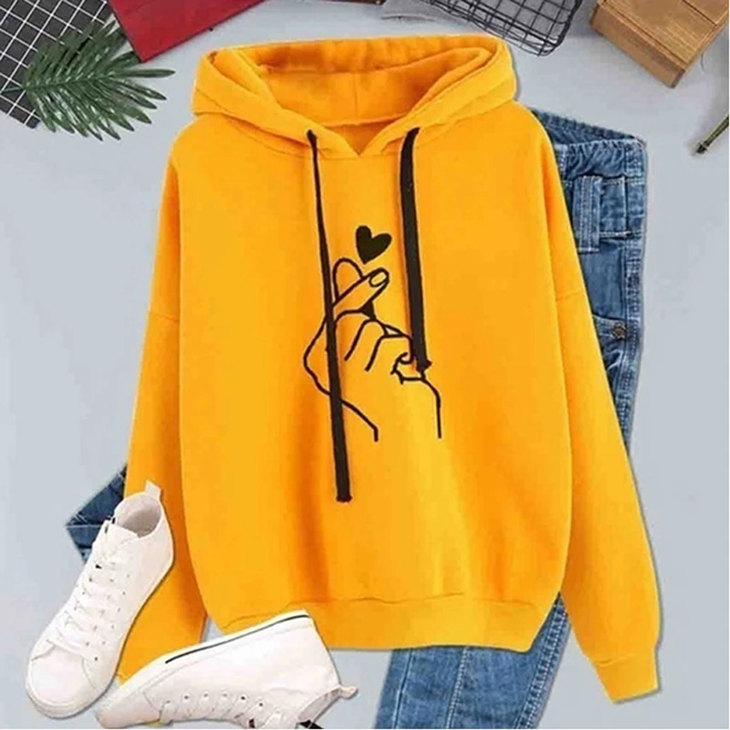 

Women's Hooded Drawstring Long Sleeve Female Pullovers Sweatshirt Tops Kpop Finger Heart Love Pattern Hooded Sweatshirts