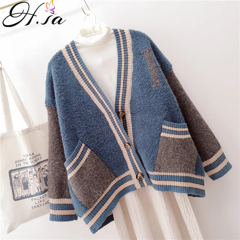 Женский свитер с длинным рукавом H.SA вязаный кардиган вышитыми буквами и большим