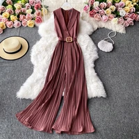 vintage notched collar draped rompers for women casual sleeveless high waist wide leg playsuits female beigegreen jumpsuit 2021