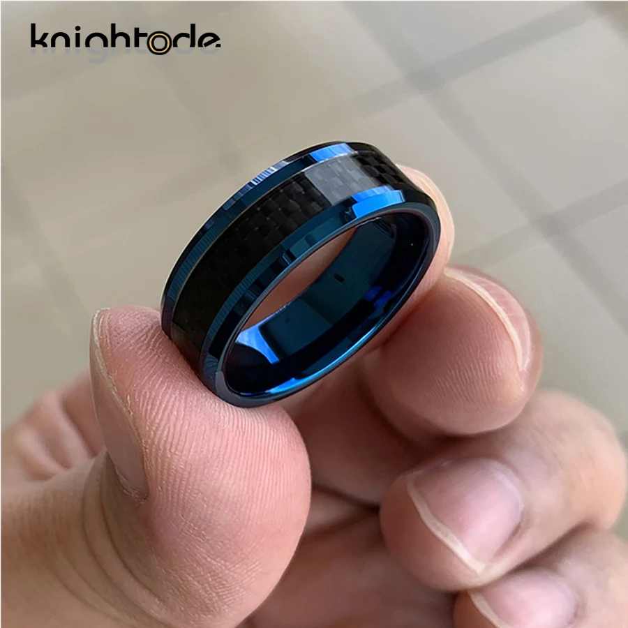 8 мм Синий вольфрамовый Карбид обручальные кольца черный углеродное волокно