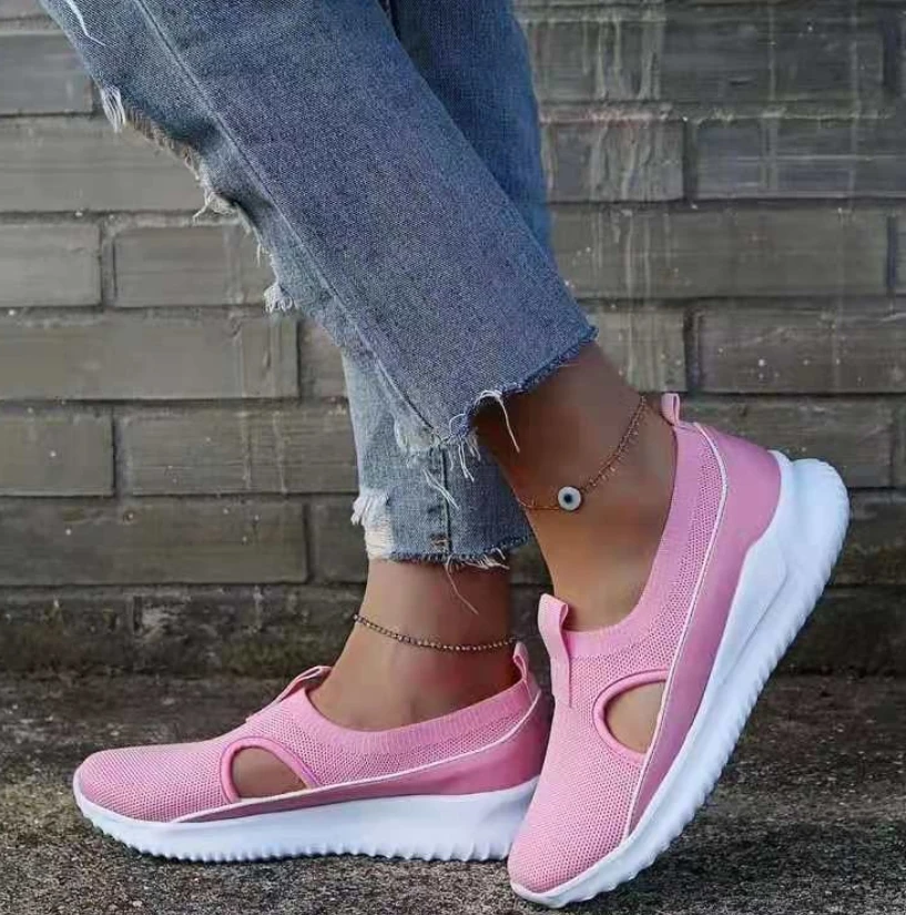 

2022 Spring Autumn Flying Woven Women's Vulcanized Shoes Breathable Mesh Sandals Casual Sports Running Shoes Round Toe Flats 43