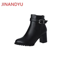 high heels women leather winter boots femme heel sexy shoes for women plus size ankle boots woman block heels fashion new