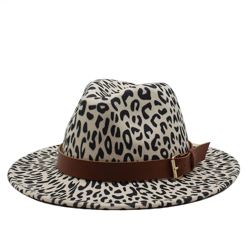 Seioum Unisex Flat Brim Wool Felt Jazz Fedora Hats Men Women Leopard Grain Leather Band Decor Trilby Panama Formal Hats