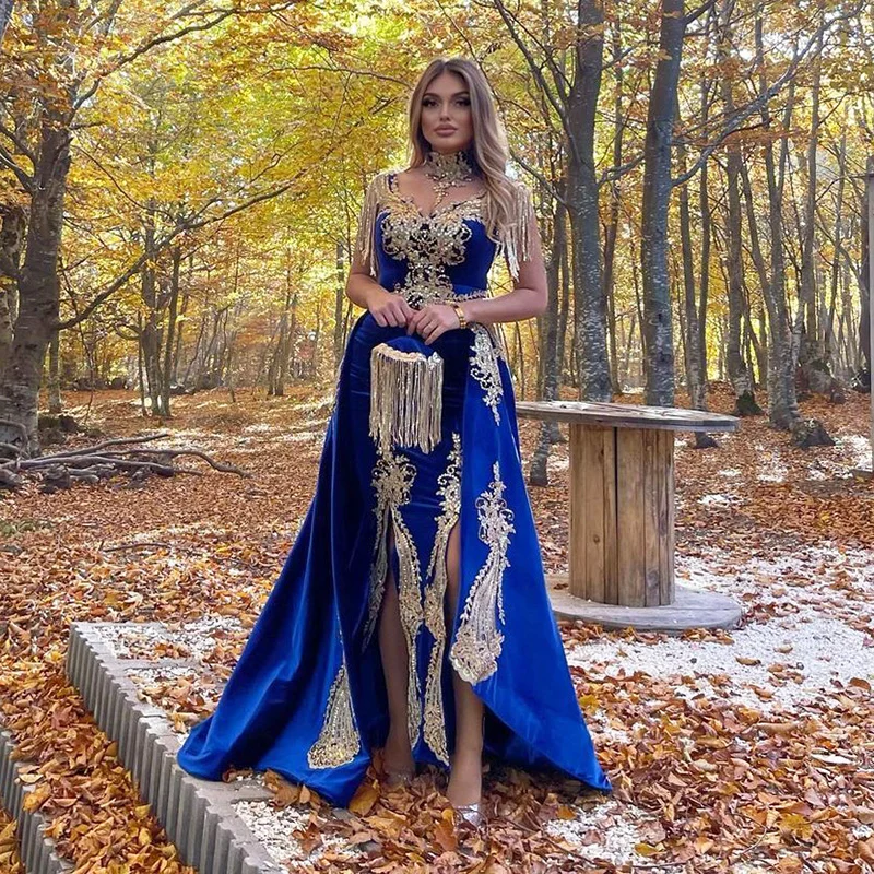 Купи SoDigne Moroccan Caftan Evening Dress Gold Appliques Lace Sleeveless Royal Blue Mermaid Velvet Arabic Prom Gowns Party Dress за 8,038 рублей в магазине AliExpress
