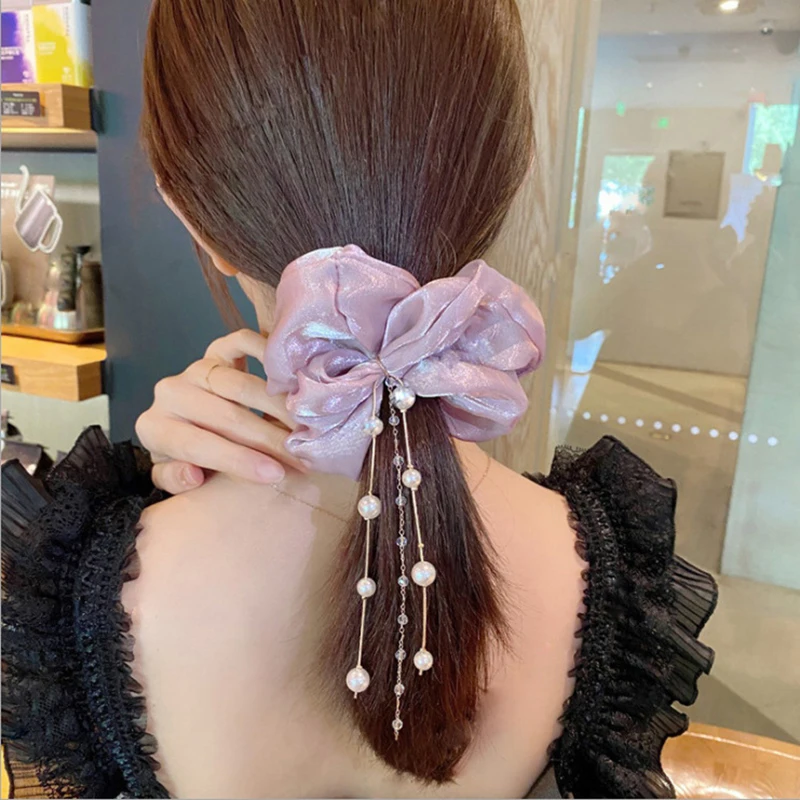 

Elegant Tassel Scrunchie Fashion Pearl Hair Rope Purple Elastic Hair Bands Ponytail Holder Tie For Girls Women Hair Accessories