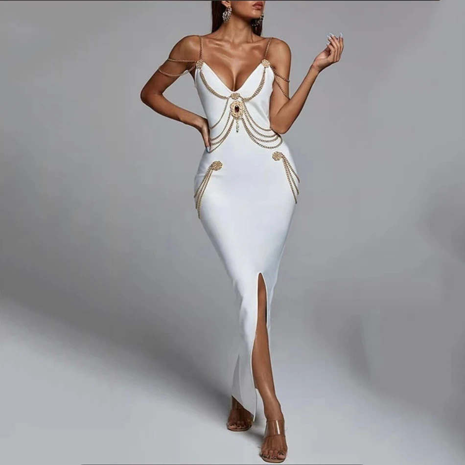 

High quality ladies white chain bead thin straps V-neck split tie dress Kylie Jenner celebrity party sexy party elegant dress