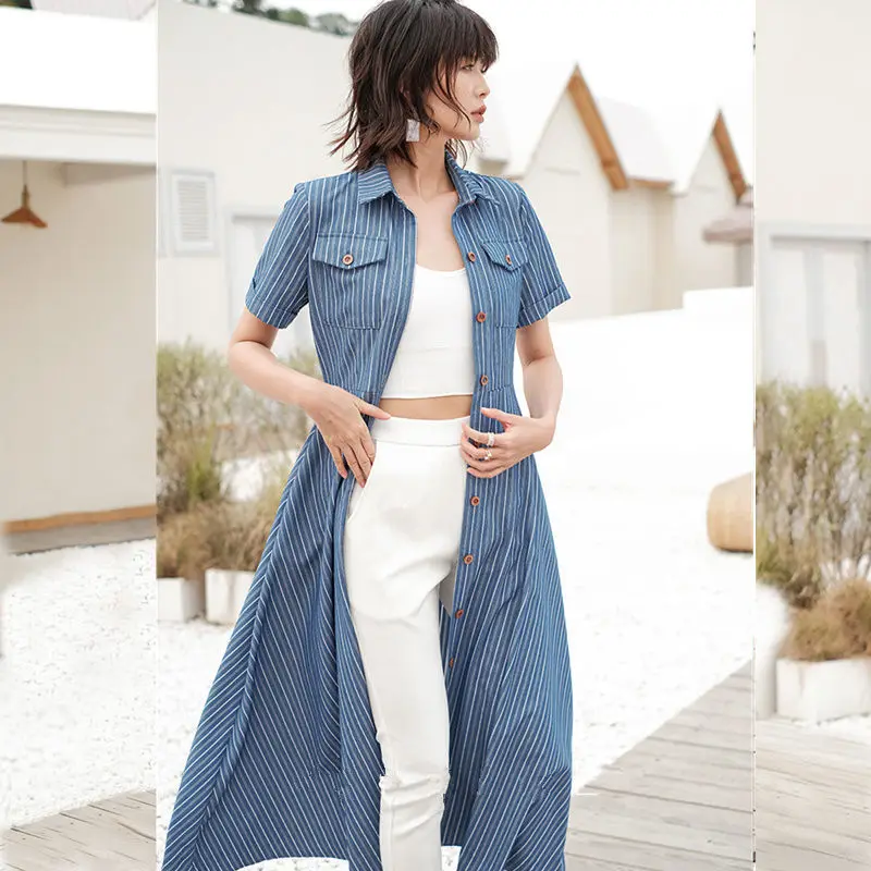 

2020 Summer Autumn Ladies Suit Dresses Elegant Lace Up Stripe Long Dresses Women Vintage Turn Down Collar Robes Buttons Dress