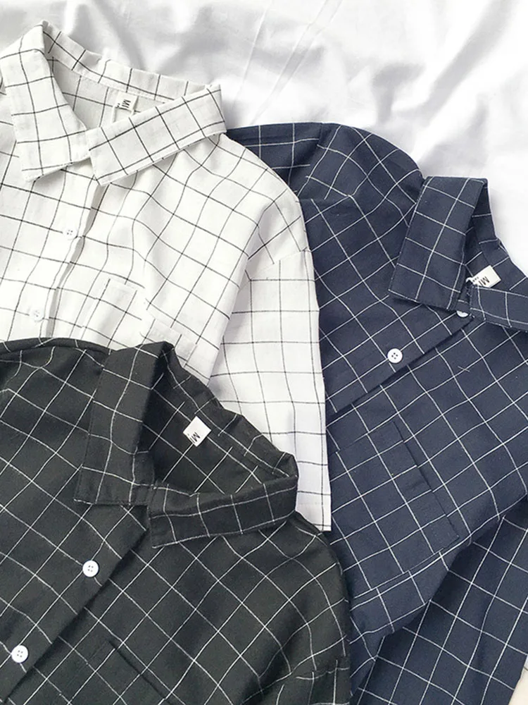 

Korean New Summer Short Sleeve Blouse Shirts Women Casual Vintage Turn-down Collar Plaid Loose Shirt Harajuku Chic Top for Femme