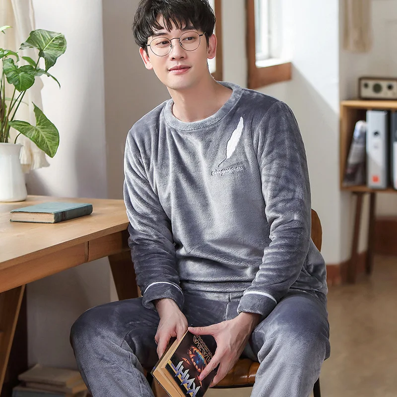 Men's Pajamas Winter New Long-sleeved Plus Velvet Thickened Flannel Home Service Suit Thick Pajamas for Men Homewear Sleepwear