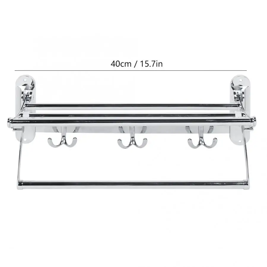 Держатель для полотенец настенный складной с полкой из нержавеющей стали для ванной комнаты с 3 крючками.