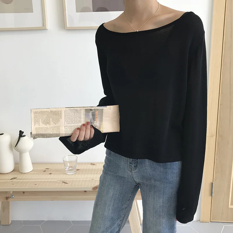 Slash Neck Crop Knitted Tops Women Bell Sleeve Autumn Sweater Pullover Boat Loose Fall | Женская одежда
