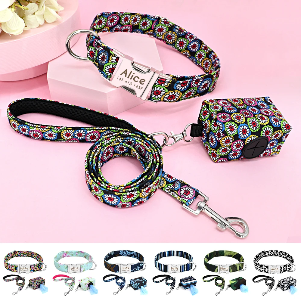 Personalized Dog Collar Leash Set Nylon Printed Dogs Puppy Collars Engrave ID for Small Medium Large Pet Pitbull French Bulldog