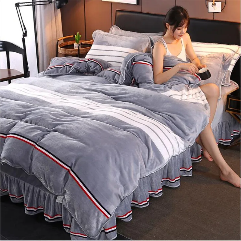 

2020 New Velvet Fleece Bedding Set 4pcs/Set Thickened Duvet Cover Flat Sheet Pillowcase AB side Flannel Winter Warm Bed Linen