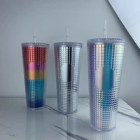 new coffee cup summer drink cold water mug tumbler cup with straw double layer plastic durian diamond radiant goddess cup