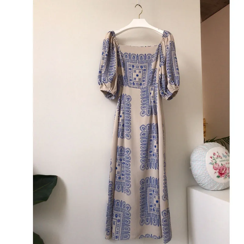 

2021 Summer One-Piece Women Dress Vintage Loose High Waist Slim Design Print Korean Elegant Square Collar Hir Color Maxi Dresses