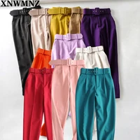xnwmnz women fashion solid color sashes casual slim pants chic business trousers female fake zipper pantalones mujer retro pants