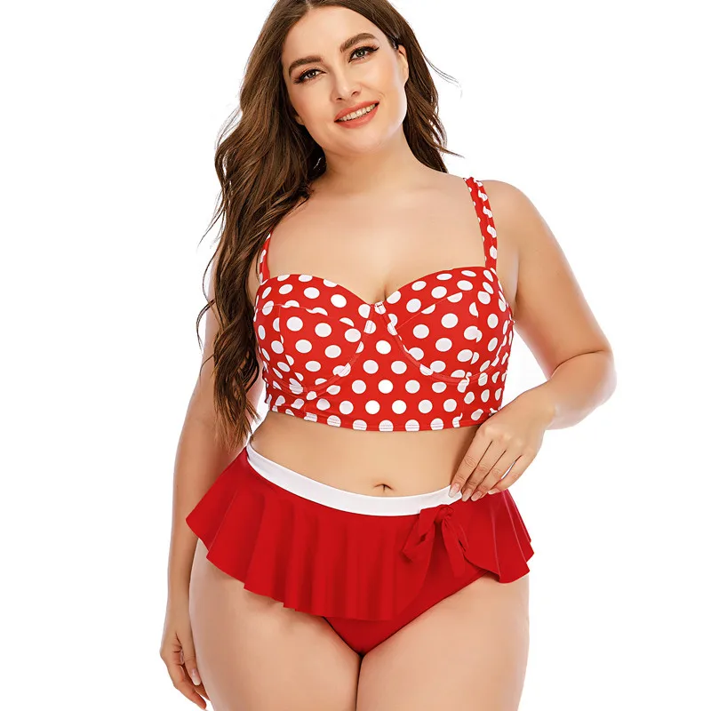

2021 New Bikini Retro Wave Point Plus Size Swimwear Swimsuit Women 2 Pieces