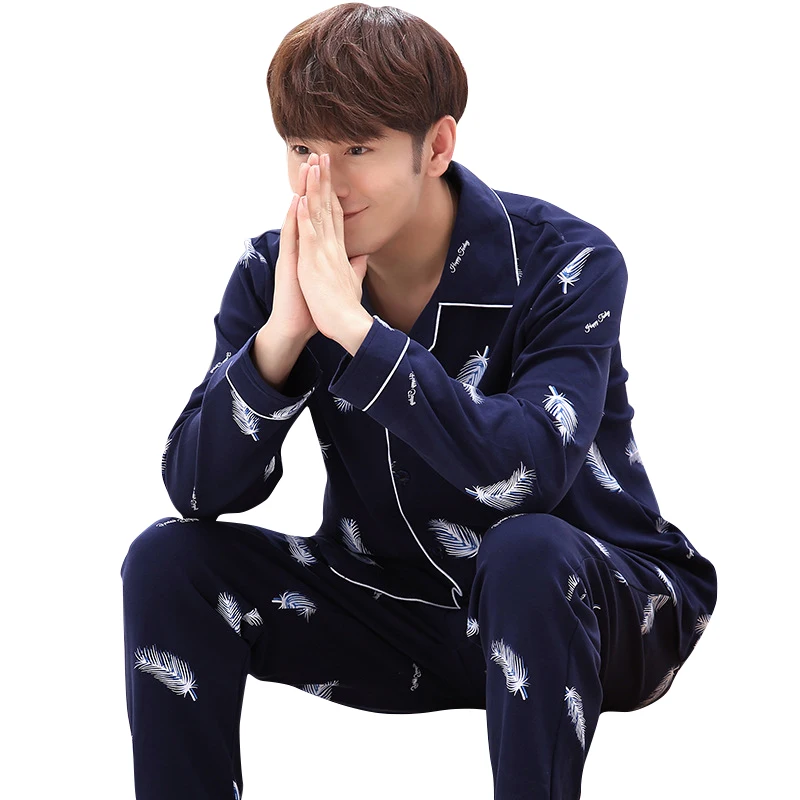 Пижамный комплект Мужской Хлопковый рубашка для отдыха и сна штаны дома