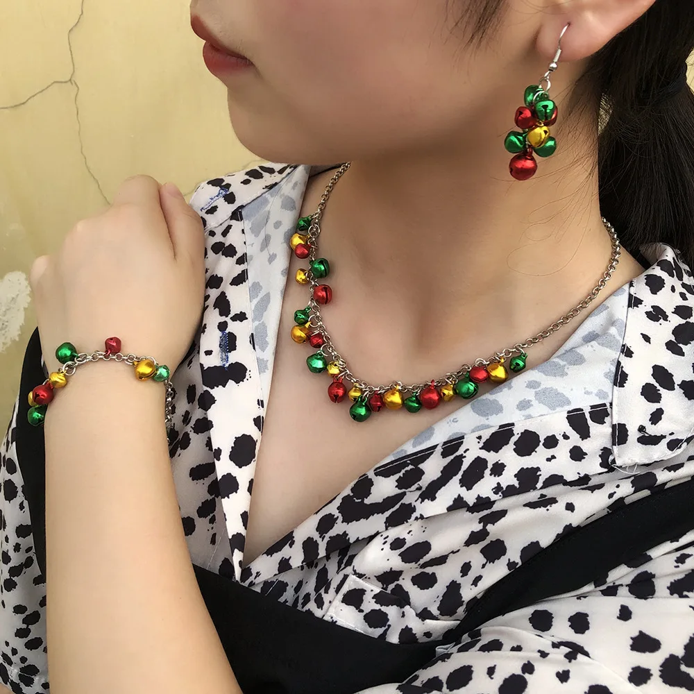 

2022 New Fashion Women 3PCS Christmas Colorful Bell Alloy Earrings Necklace Bracelet Set Women Christmas Party Jewerly Set