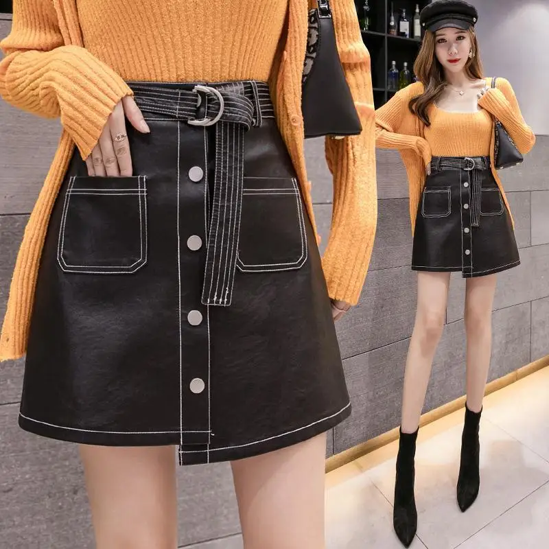

High waist pu leather skirts women sashes a-line mini skirt Autumn streetwear summer black skirts short students dress