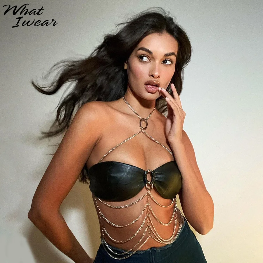 

whatiwear Sexy Punk Black Leather Chain Camisole Woman High Street Backless Halter Summer Vest Fashion Club Wear Tank Top Female