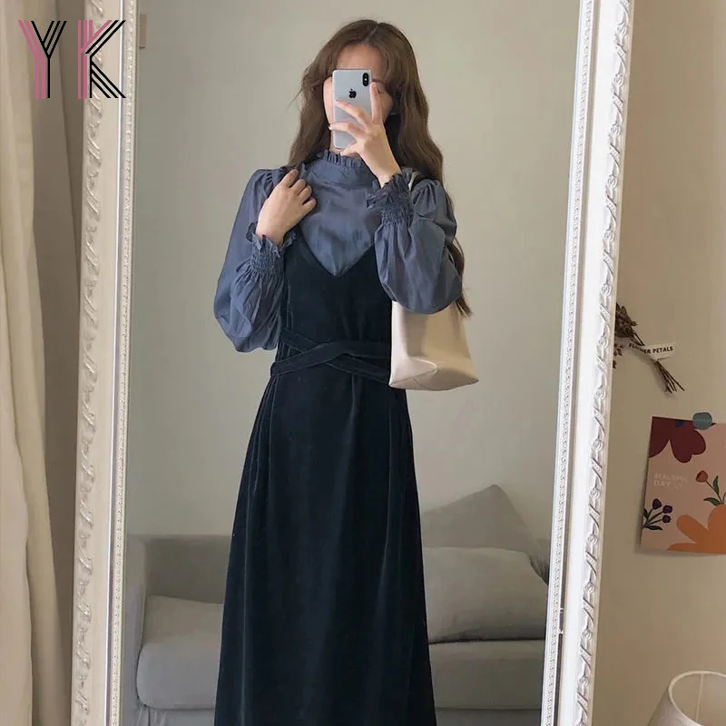 

Ruffled Shirt + Gold Velvet Sling Dress Two-Piece Puff Sleeve Top Bandage Long Skirt Women'S Suit Spring Korean Casual Set