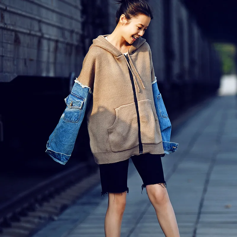 MICOCO W8761 Han edition Модная Джинсовая Лоскутная трикотажная куртка-кенгуру с капюшоном