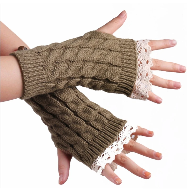

Women Winter Cable Knit Half Finger Gloves Lace Patchwork Fingerless Mittens
