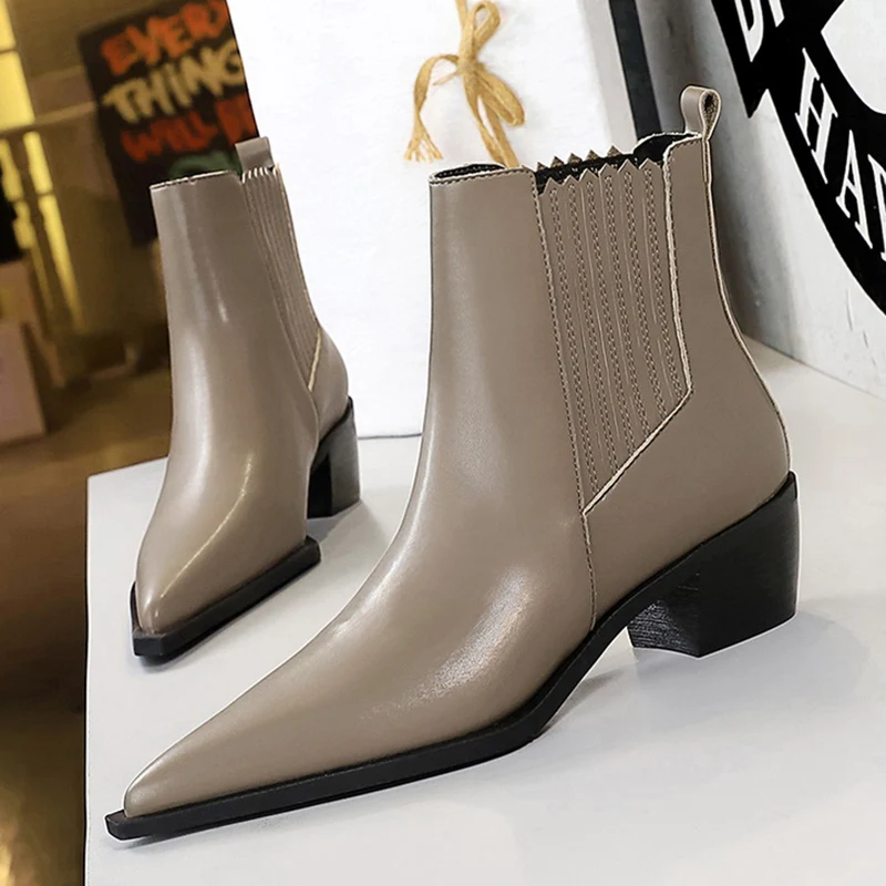 

2021 Winter Casual Women Pu Leather Western Cowboy Boots 5.5cm Chunky High Heels Ankle Boots British Pointed Toe Chelsea Boots