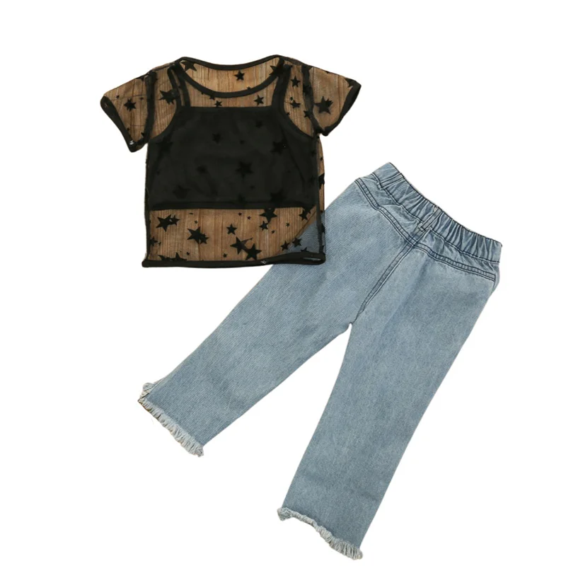 

3 Pcs Infant Casual Outfits, Pentagram Pattern Round Neck See-through Mesh Short Sleeve T-shirt + Tank Top + Pearl Ripped Jeans