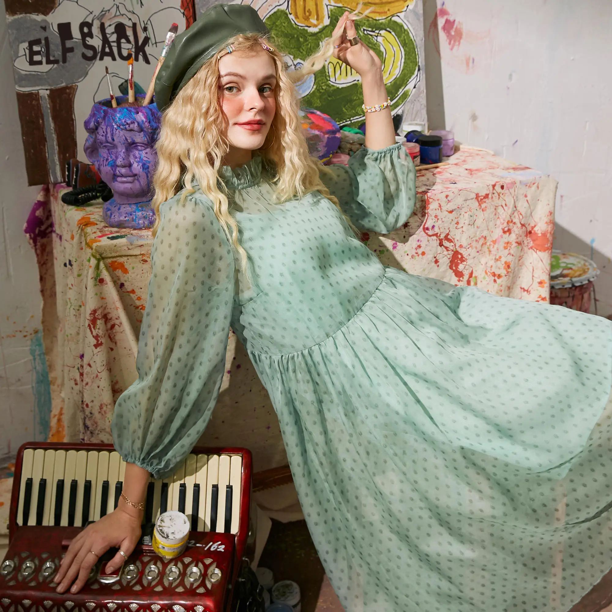 Платье ELFSACK женское шифоновое в горошек повседневное прозрачное винтажное