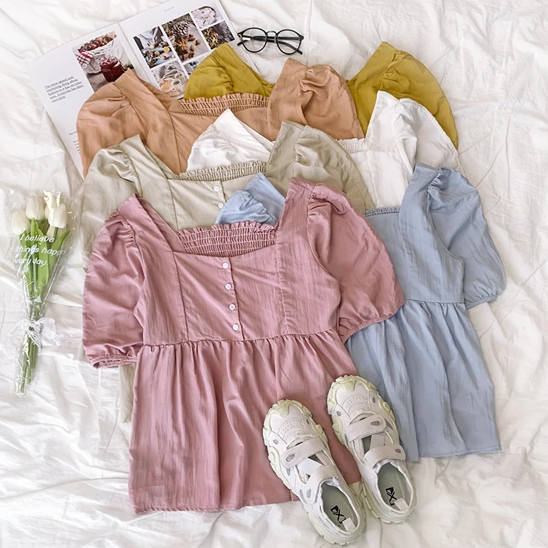 

Cute square collar small breasted sweet wild pleated slim retro puff sleeve short-sleeved shirt