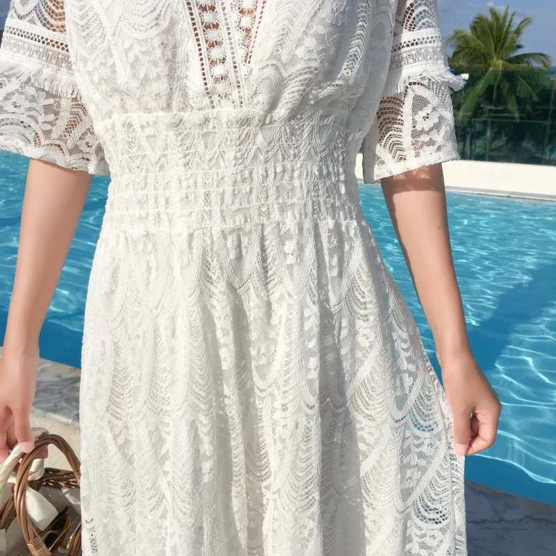 

Summer 2021 Runway Elegant Vintage Korean Fairy Casual Sea Beach Vacation Party Vestidos New Women Long White Lace Dresses