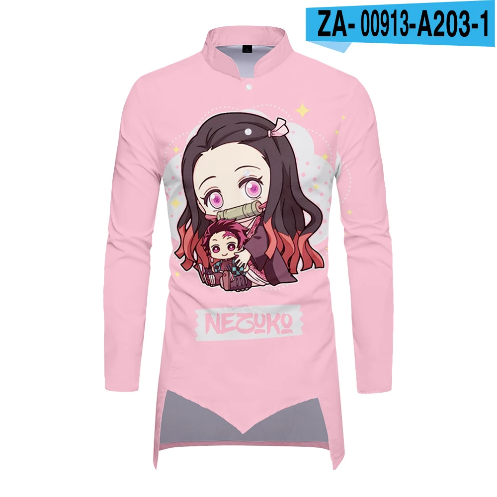 

2021 Fashion Street Middle-aged Men's and Women's Stand-up Collar Mid-length Shirt Demon Slayer 3D Printed Pullover Shirt