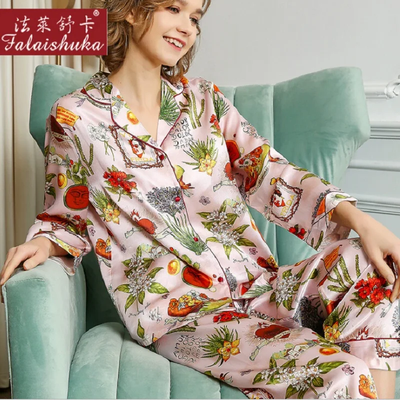 Womens Silk Pajamas Sets  sleepwear Silk Stain Homewears Floral Print Full Sleeve Pink Sleepwears Pyjama Set Sexy  Home Wear