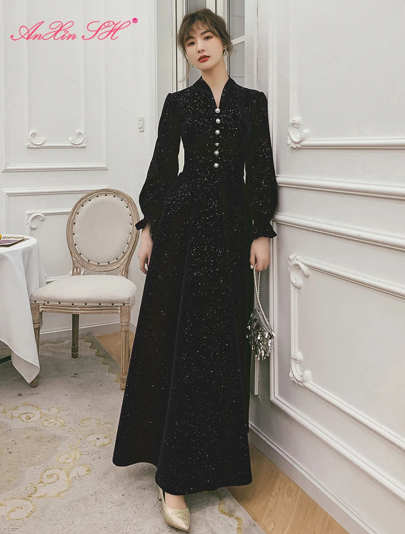 

AnXin SH принцесса v-образный вырез Длинные рукава черный велюр к требованиям заказчика; Сверкающие; Вечернее платье в винтажном стиле Вечерние...