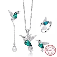 cocom authentic s925 sterling silver hummingbird fine jewelry sets for women necklace earrings ring set with austrian crystals
