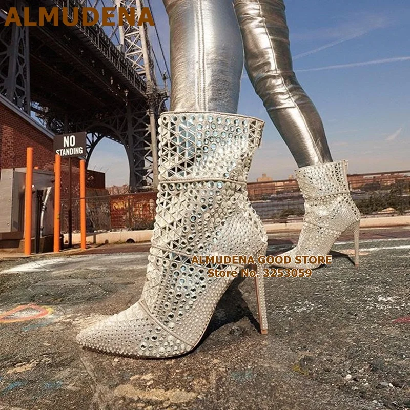 Альмудена Bling украшенные кристаллами ботильоны Обувь на высоком каблуке-шпильке