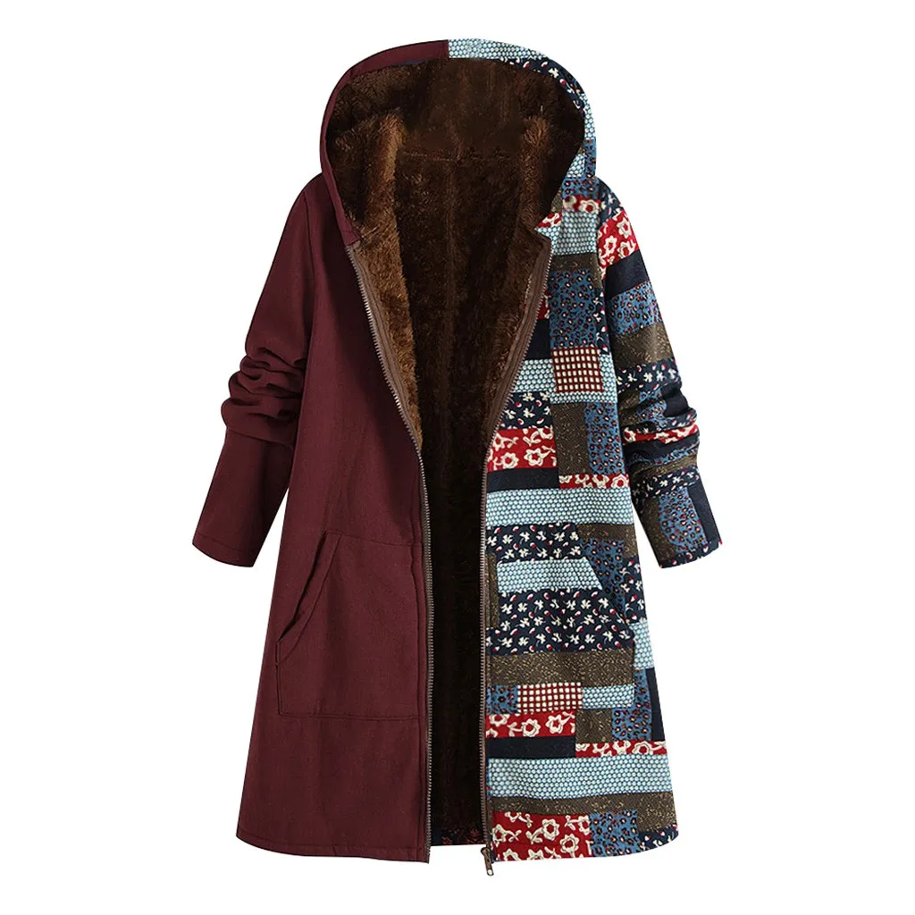 Женское пальто зимнее повседневное с цветочным принтом теплое на молнии