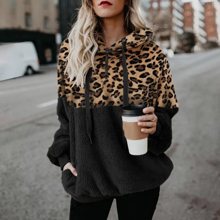 

Sexy leopard print zipper pocket blouse in autumn and winter plush sweater