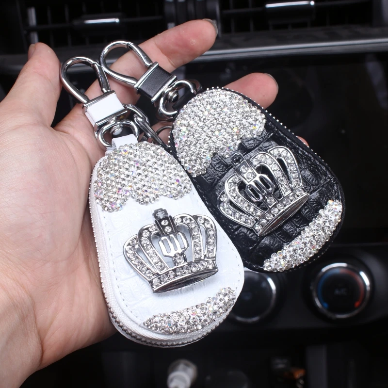 

Rhinestones Car Key Holder Storage Case Crystal Diamond Keychains Key Cover Remote Key Bag with Crown Interior Accessories