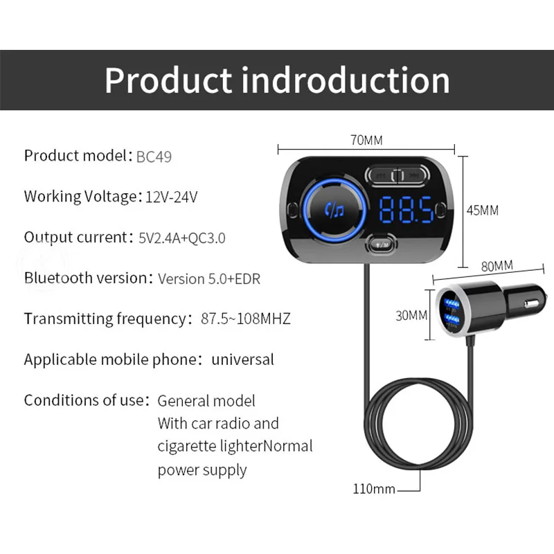 Jilang Bluetooth FM Transmitter Car Kit Handsfree Wireless MP3 Player Dual USB QC3.0 Fast charger Colorful atmosphere | Автомобили и
