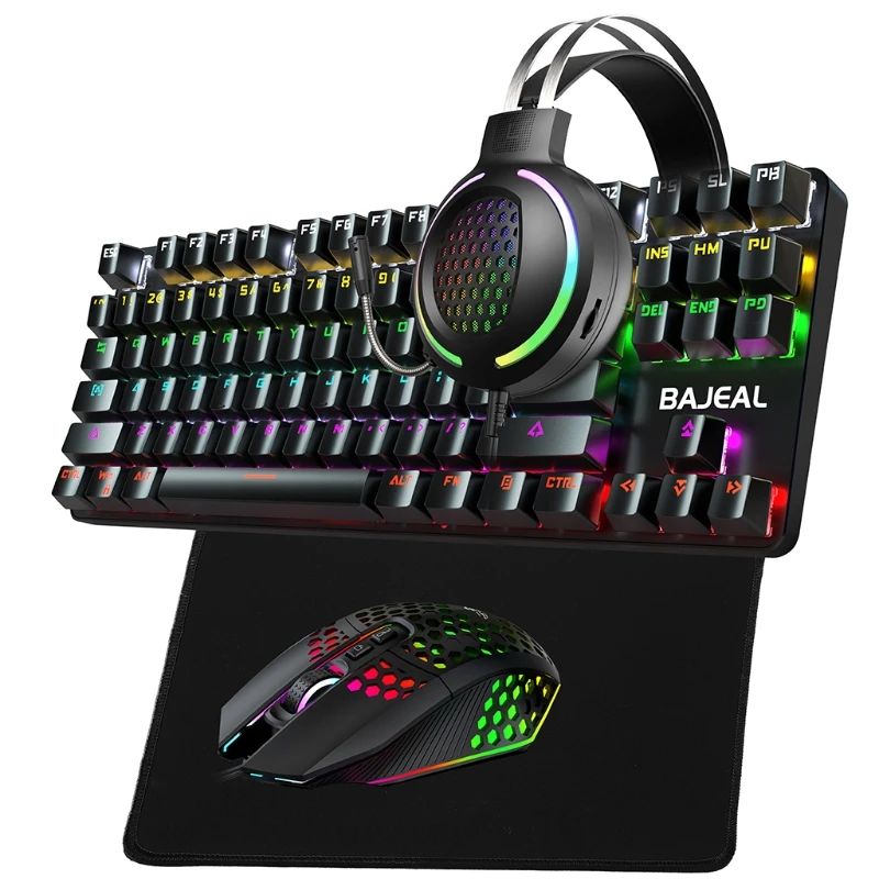 

C1FB Gaming Keyboard & Mouse & Mouse pad & Gaming Headset Wired LED RGB Backlight Bundle PC Gamers X box PS4 Users 4 in 1